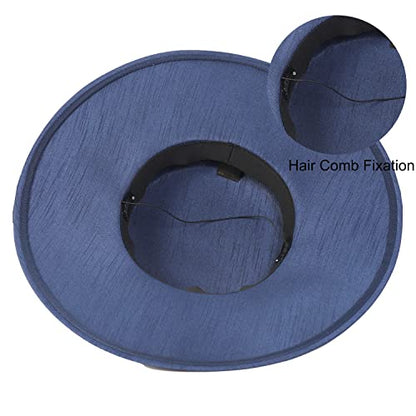 Fascinators Women Wide Brim 20s 50s Derby Pillbox Hat Bowknot Cocktail Tea Party Church Dress Hats - color: Navy