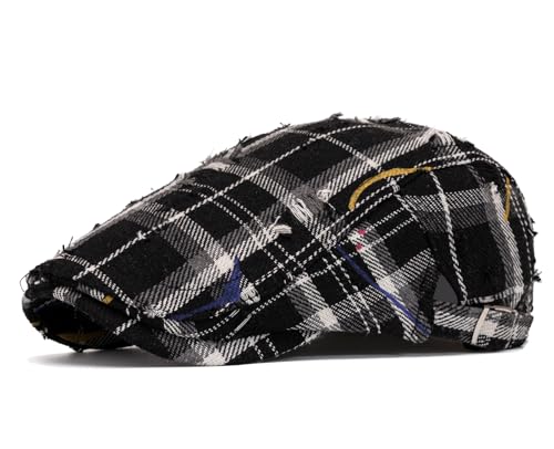 Quanhaigou Unisex Denim Newsboy Hats Flat Ivy Gatsby Cabbie Driving Berets Hat Cotton Dad Cap for Men Women - color: Plaid Distressed Black