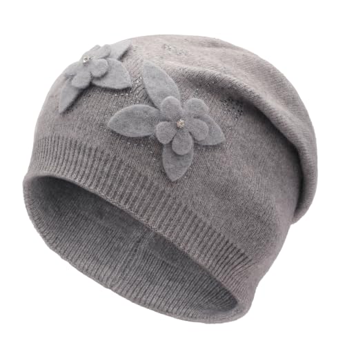 ZLYC Women Floral Slouchy Beanie Hat Double Layer Winter Knit Skull Cap - color: Dual Flowers Gray