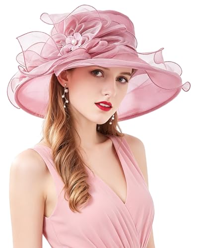 Women Derby Fascinator Hat Organza Church Wedding Hats Wide Brim Cocktail Tea Party Hat - color: 07 Pink