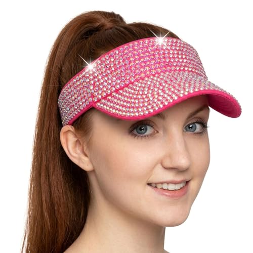 Women Shiny Rhinestone Bling Sun Visor Adjustable Tennis Beach Ponytail Hat - color: Rose Red Hat+white Rhinestone