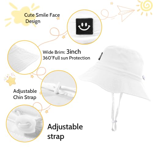 Kids Sun Hat Smile Face Bucket Hat Toddler Hat Wide Brim Adjustable Strap - color: White, size: 3-8T