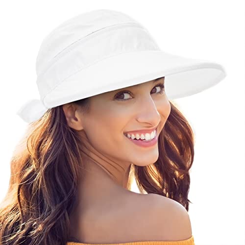 Womens Large Brim Sun Hat Uv Protection 2 in 1 Zip-Off Sun Protection Visor Beach Hat Packbale Foldable - color: White