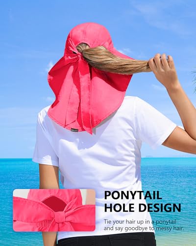 Womens Sun Hat Outdoor UV Protection Wide Brim Fishing Hat with Ponytail Hole Neck Flap for Beach Hiking Camping - color: Sun Hat-watermelon Red