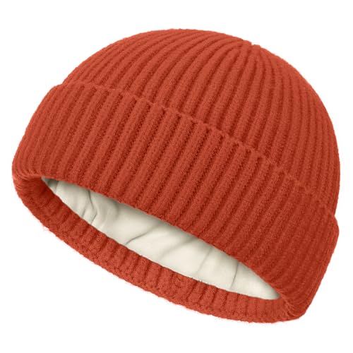 Fleece Lined Wool Short Fisherman Beanie Men Women Cuff Winter Hat - color: 1pc-orange