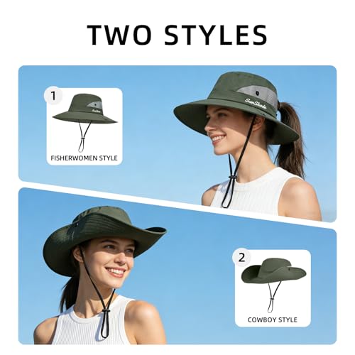 Rosoz Ponytail Sun Bucket Hats for Women UV Protection Foldable Wide Brim - color: 1 Pack-pure Green