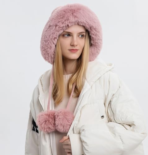 HUAMULAN Women Winter Sherpa Knit Beanie Hats Fleece Lined Ear Flaps - color: Pink Solid