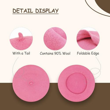 Gllutt Women Wool Beret Hat French Style Solid Color - color: Magenta