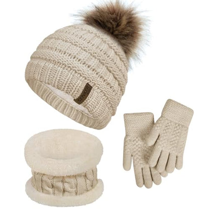 Kids Winter Hat Gloves Scarf Set, Boys and Girls Beanie Hat - color: Beige