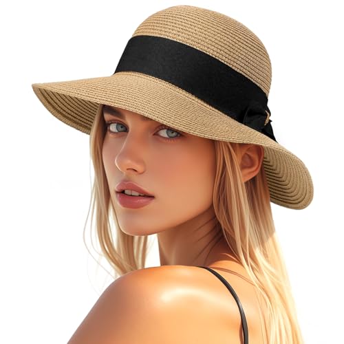 Beach Hats for Women, Sun Straw Hat for Women, UPF 50+ UV Foldable Sun Hat - color: N-khaki