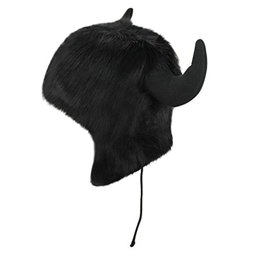 Holiberty Cute Animal Horns Ears Winter Hat Plush Fur Warm Trapper Hat Funny Viking Christmas Halloween Costume Snow Ski Hat - color: Black, With Buffalo Horns