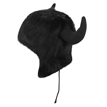 Holiberty Cute Animal Horns Ears Winter Hat Plush Fur Warm Trapper Hat Funny Viking Christmas Halloween Costume Snow Ski Hat - color: Black, With Buffalo Horns