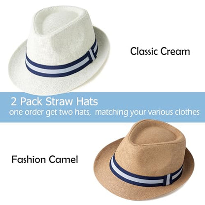 4 Pack Short Brim Straw Fedora Summer Beach Sun Hat Men - color: 2 Pcs Set M