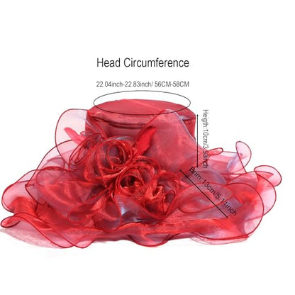 Women Oganza Sun Hat Church Wide Brim Wedding Formal Fascinator Hat - color: Wine Red