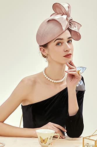 BABEYOND Fascinators Hats for Women Linen Satin Pillbox Bow Derby Tea Hat - color: Nude Pink