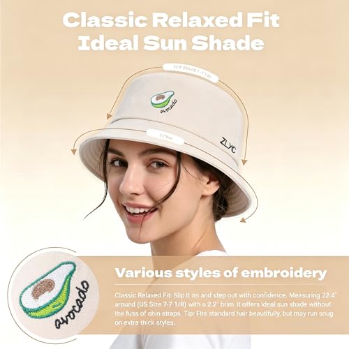 ZLYC Cotton Bucket Hat for Women Men Embroidered Packable Summer Sun Cap - color: Avocado Beige