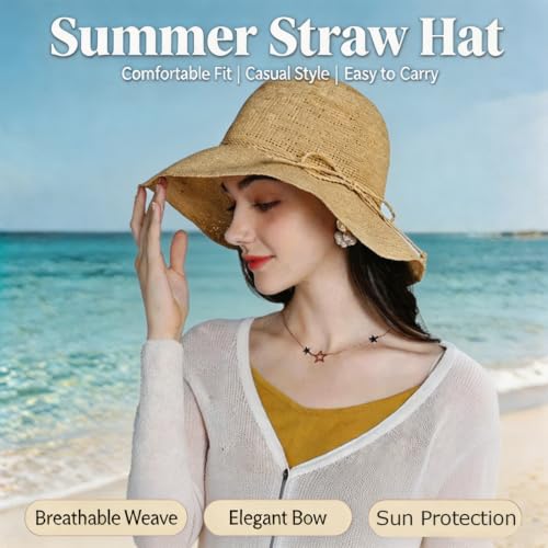 Straw Bucket Hats for Women Beach Sun Hat Foldable Packable Handmade Sun Protection Floppy Travel - color: Khaki-brim3.9"