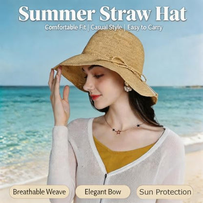 Straw Bucket Hats for Women Beach Sun Hat Foldable Packable Handmade Sun Protection Floppy Travel - color: Khaki-brim3.9"