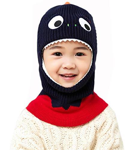 Kids Boys Girls Dinosaur Winter Knit Hat Baby Toddler Thick Scarf Earflap Hood Scarves Skull Caps - color: Navy(2-7years Old)