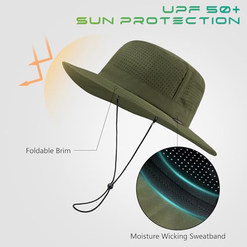 UPF 50+ Bucket Sun Hat with Laser Perforated Mesh Cooling Adjustable Breathable Lightweight for Outdoor Men Women - color: Army Green