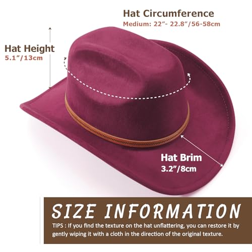 Western Cowboy Hats for Women Classic Felt Wide Brim Fedora Hat with Belt Buckle Retro Panama Hat Unisex Rolled up Cap - color: Suede Cowboy Hats : Burgundy, size: Medium