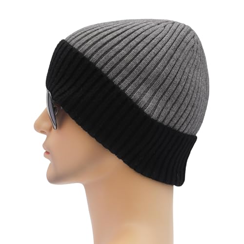 ZLYC Men Winter Knit Fisherman Beanie Hat Fashion Warm Daily Skull Cap - color: Cuffed Black and Gray