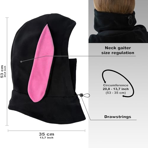 Fleece Balaclava Over Helmet - Warm Helmet Ninja Hood - Snowboard Hooded Hat Neck Gaiter Ski Mask - color: Black&pink|bunny, size: One Size