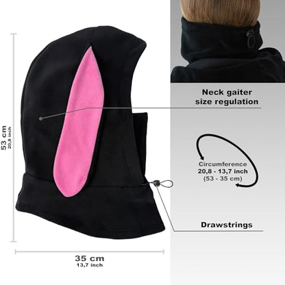 Fleece Balaclava Over Helmet - Warm Helmet Ninja Hood - Snowboard Hooded Hat Neck Gaiter Ski Mask - color: Black&pink|bunny, size: One Size