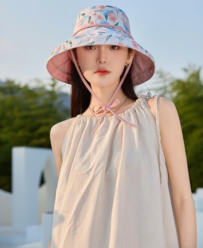 HUAMULAN Women Wide Brim Reversible Sun Hat Summer Beach Fishing Bucket - color: Pink Floral
