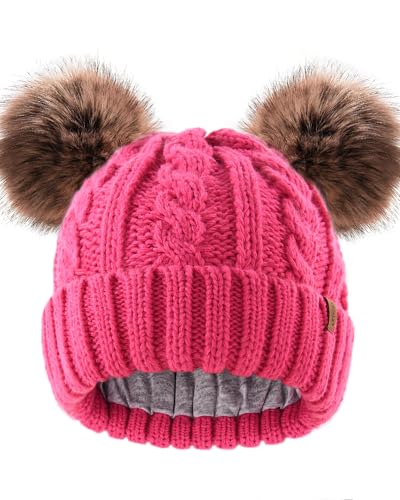 FURTALK Toddler Winter Hat Knit Beanie Double Faux Fur Pompoms Girls Boys - color: Rose Red, size: 6-24 Months