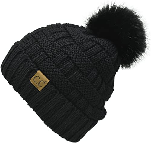 C.C Knit Beanie Hat – Fuzzy Fleece Lined Warm Winter Hat, Faux Fur Pom Soft Stretchy Slouchy Knit Cap, Cold Weather Beanie - color: Black / Black Pom