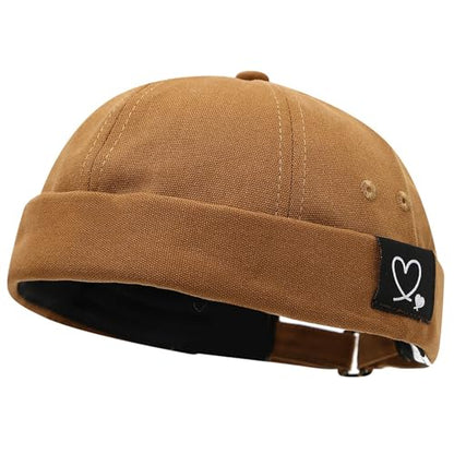 Mens Docker Cap Brimless Skullcap Sailor Cap Rolled Cuff Retro Beanie Hat - color: Double Heart Khaki