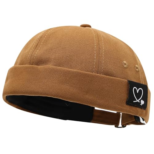 Mens Docker Cap Brimless Skullcap Sailor Cap Rolled Cuff Retro Beanie Hat - color: Double Heart Khaki