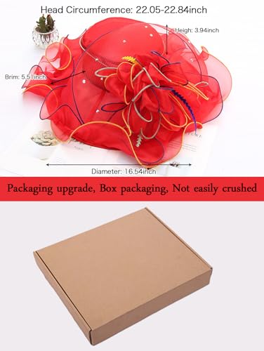 Z&X Women Organza Church Derby Hat Wide Brim Sun Hats for Wedding Tea Party Fascinator Hat, Dual-use - color: 1901- Red