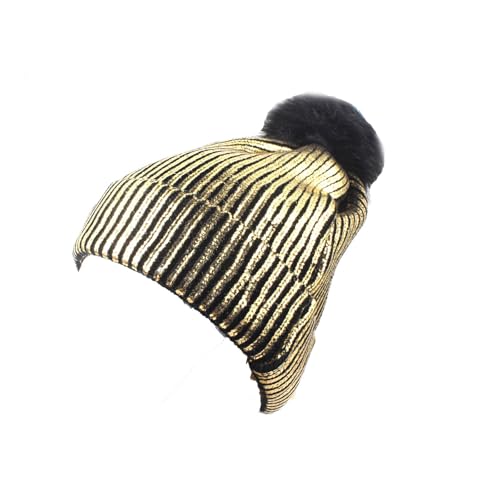Metallic Winter Cable Knit Beanie Hat Cap Warm Soft Skull Caps with Furry Fur Pom Pom - color: Gold