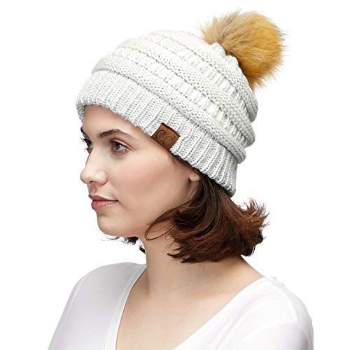 C.C Fur Pom Winter Fall Trendy Chunky Stretchy Cable Knit Beanie Hat - color: Solid Ivory