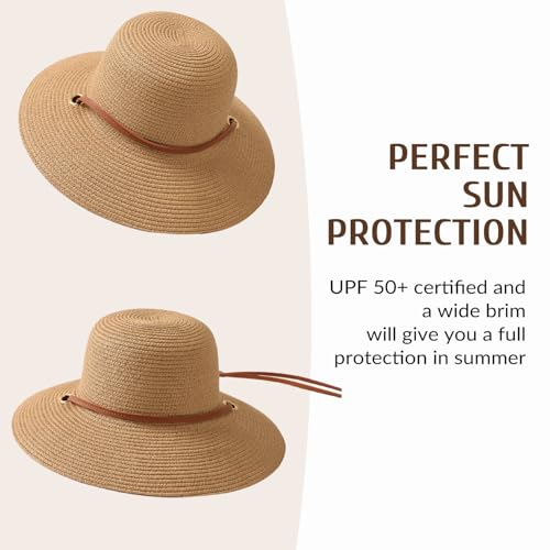 Beach Hat for Women, Wide Brim Sun Straw, UPF 50+ Foldable Floppy Sun Hat - color: B-10.5cm,khaki