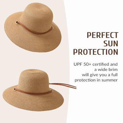 Beach Hat for Women, Wide Brim Sun Straw, UPF 50+ Foldable Floppy Sun Hat - color: B-10.5cm,khaki