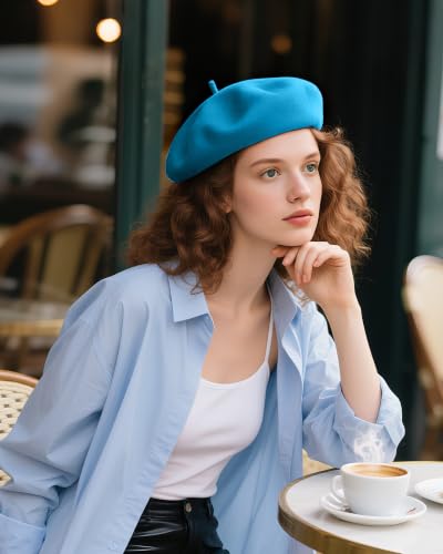 French Beret Hats for Women - Wool Solid Color Beanie Cap - color: Turquoise Blue