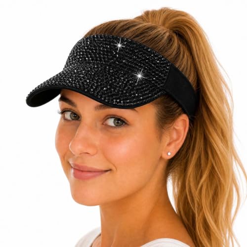 Bling Rhinestone Sun Visor for Women Sparkle Hat for Tennis Beach Sport - color: 05 Black Black