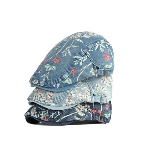 Quanhaigou Unisex Denim Newsboy Hats Flat Ivy Gatsby Cabbie Driving Berets Hat Cotton Dad Cap for Men Women - color: Denim Flower Light Blue