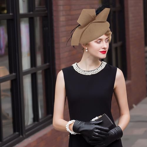 Women's Vintage 100% Wool Felt Cloche Bucket Bowler Hat Winter Vintage Bow Fedoras Church Fascinator - color: 01-khaki
