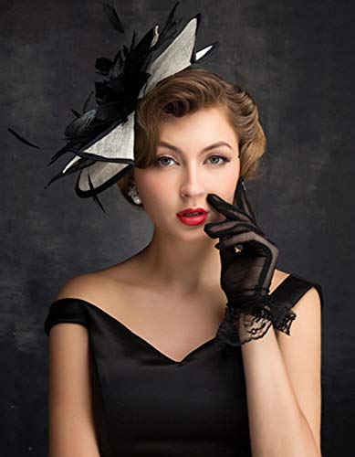 ORIDOOR Women Fascinators Derby Church Tea Party Wedding Flower Feathers Headpiece with Headband Clips - color: Black