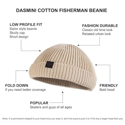 Fisherman Beanie Hats for Men Women,Knit Trawler Skull Cap,Watch Cap,Spring Fall Winter Warm Short Hats - color: (Cotton)-beige-m