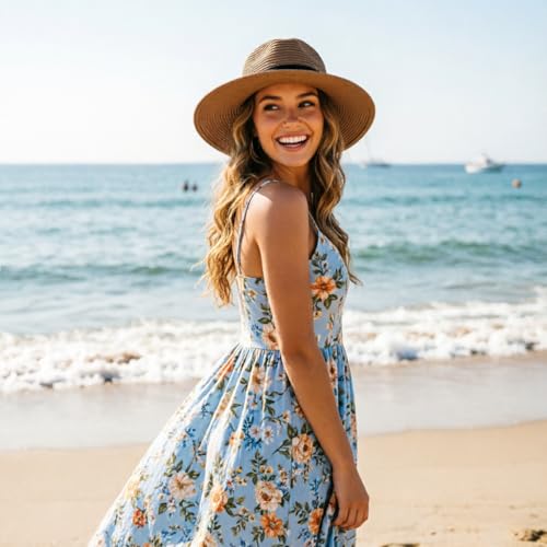 DRESHOW Women Straw Panama Hat Travel Fedora Beach Sun Hat Summer Wide Brim Straw Roll up Hats UPF 50+ - color: Fedora Coffee