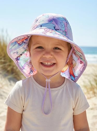 icolor Kids Sun Hat UPF50+ Sun Protection Bucket Hat Toddler Summer Beach Play Hats with Neck Flap for Girl Boy Ages 3~10 - color: Butterfly
