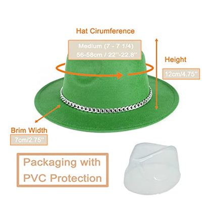 Women Men Wide Brim Fedoran Hat with Chain Belt Buckle - color: Green