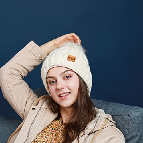 REDESS Women Winter Pompom Beanie Hat with Warm Fleece Lined Thick Slouchy Snow Knit Hat Skull Ski Cap - color: Pink