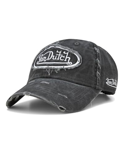 Von Dutch Unisex Cotton Canvas Baseball Cap, Curved Brim, Snapback - color: Black Distressed With Patched
