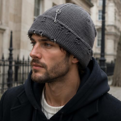 Distressed Ring Beanie Hat for Women Men Slouchy Skull Cap - color: Grey